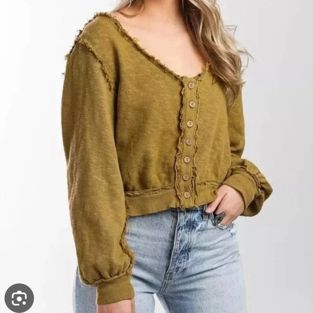 Free People X We The Free Golden Road Cardigan Curly Willow Mustard Olive Crop - Picture 7 of 15